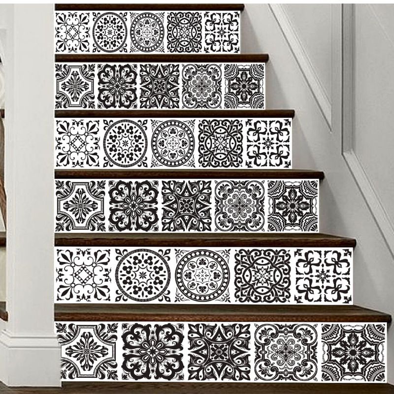 6 st / uppsättning 3d svart mandala trappa trappsteg golv klistermärke självhäftande diy trappa vattentät pvc väggdekaler heminredning