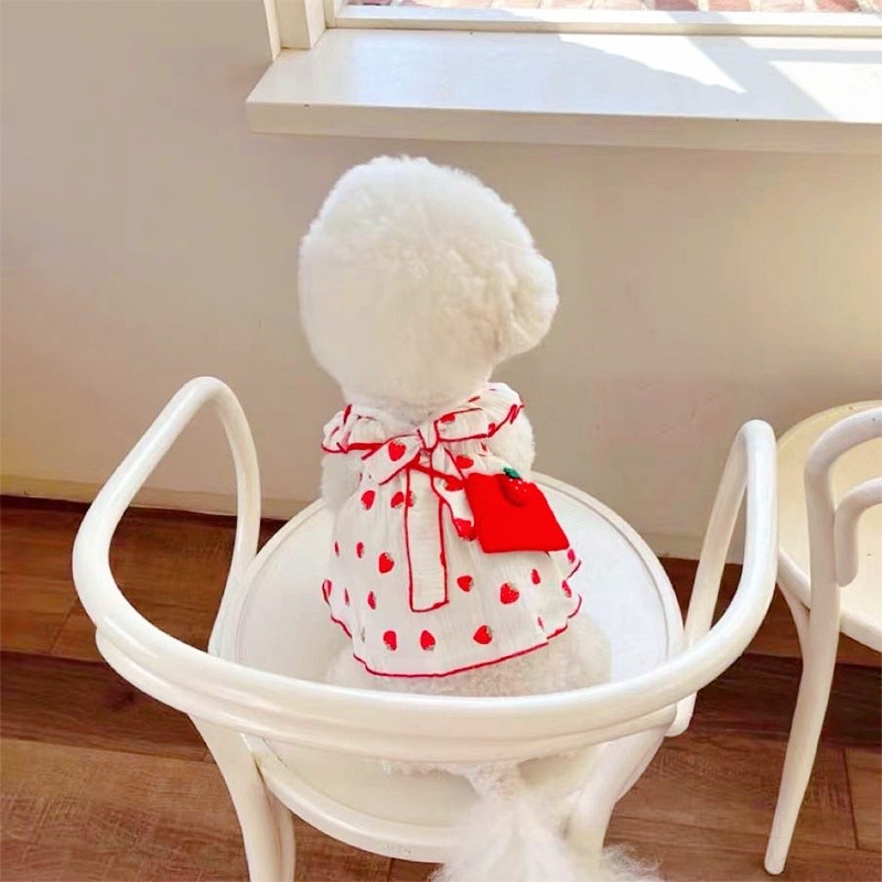 Vestido de verão para cachorro, saia fofa com estampa de morango e laço, vestido de princesa para gato, chihuahua yorkie, saias doces, fantasia de cachorro, roupas para animais de estimação