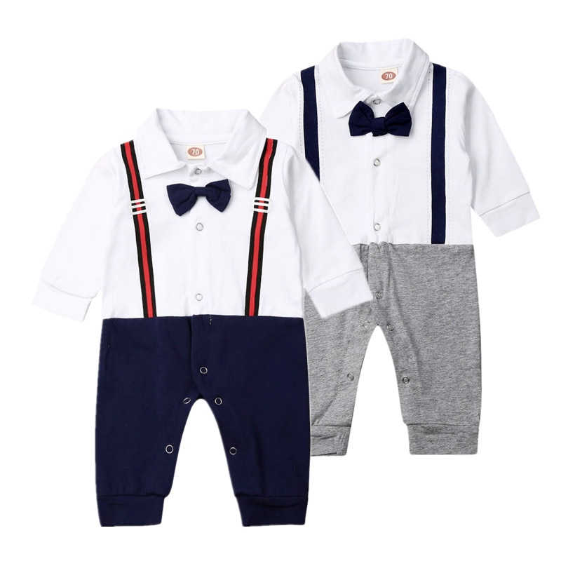 綿長袖パーティーキッズベビーボーイロンパースフォーマル Gentlement 蝶ネクタイ幼児幼児服かわいいサスペンダープリント衣装