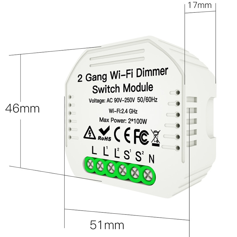 2 Gang DIY WiFi Smart 2 Way Light LED Dimmer Module Switch Smart Life/Tuya APP Remote Control Work with Alexa Google
