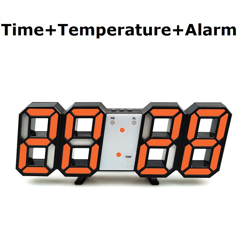3D horloge moderne numérique 12/24 heure affichage de l'heure mur LED horloge LED rétro-éclairage support de température ou suspendus alarmes pour chambre à coucher: Black Shell Orange