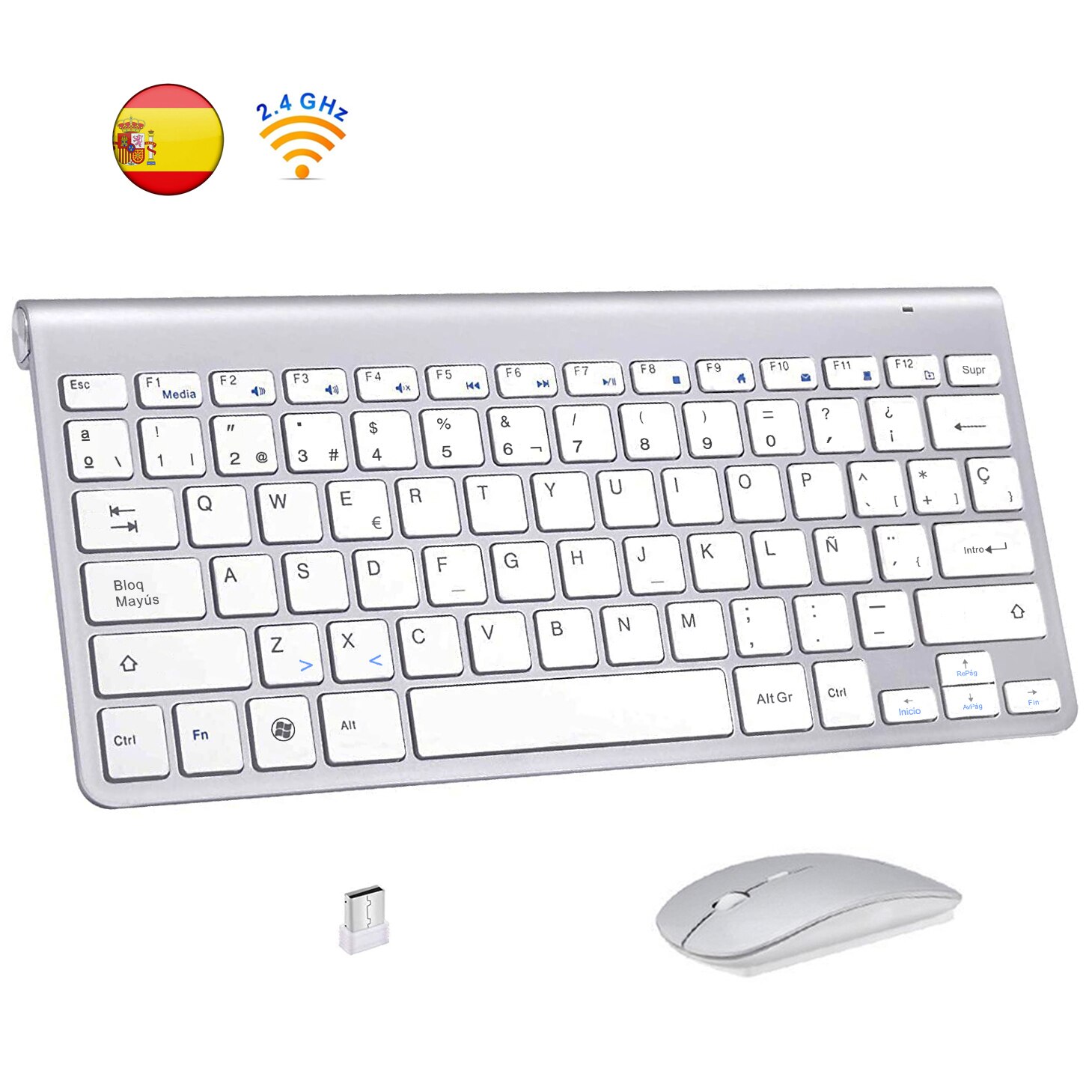 Spanish Wireless Keyboard Mouse 2.4G Ultra Slim Multimedia Keyboard Mouse Combo Low Noise for Laptop Desktop Windows Smart TV