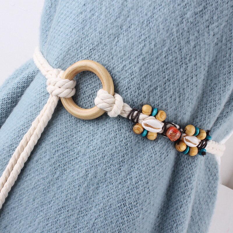Lovely girl woven braided knitted cotton hemp rope belts for women circular ring buckle thin belt knot waist chain straps