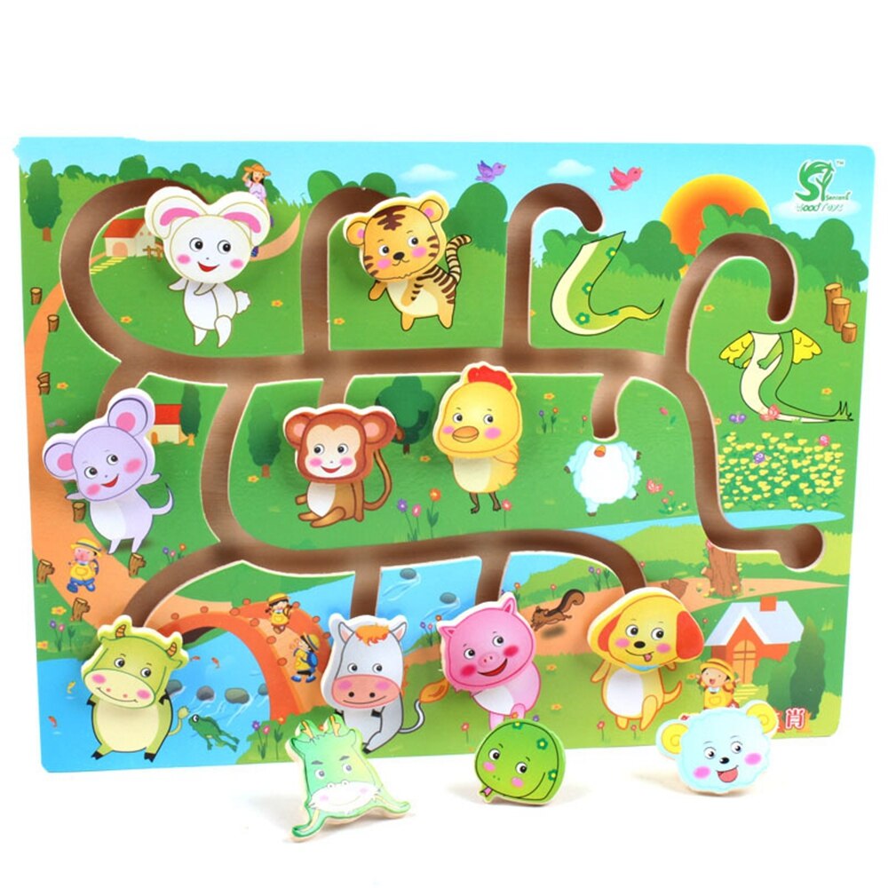 Educatief Vroeg Leren Glijbaan Puzzel Kids Houten Speelgoed Voor Kinderen Labyrinth Puzzel Dier-Body-Match Doolhof Intelligentie