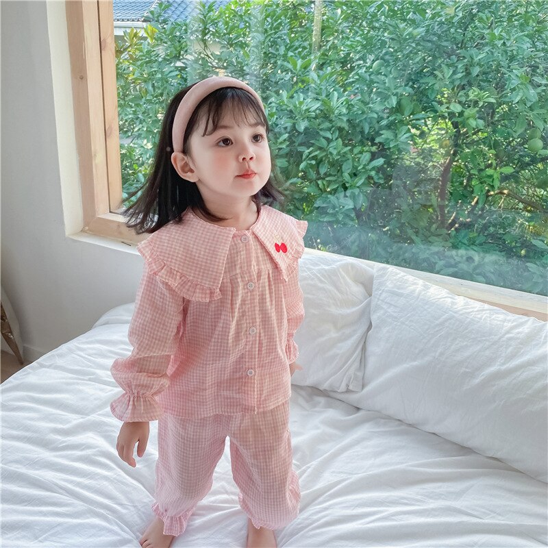Herfst Vallen Kleding Voor Kids Baby Meisje Pyjama Set Geborduurd Cherry Katoen Thuis Peuter Nachtkleding Nachtkleding 1 Tot 8 jr: Pink Plaid Cherry / 8T (130cm)