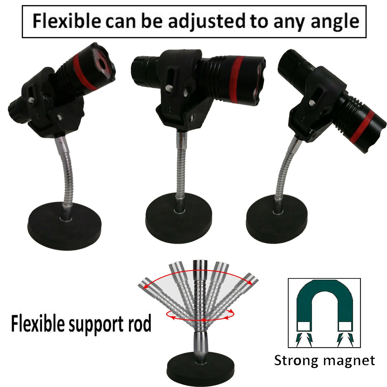 Magnetic Flashlight Holder Flexible Flashlight Mounting Brackets &amp; Strong Magnet