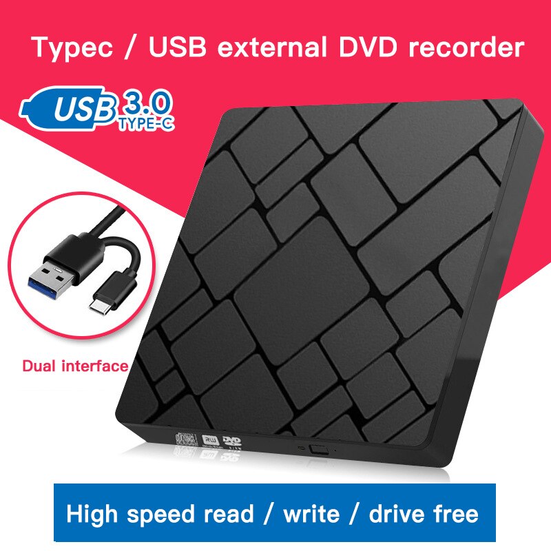 Unidad de DVD tipo C USB 3,0, grabadora de lectura y escritura de alta velocidad sin controlador de quemador de CD, reproductor de DVD-RW externo, lector de escritura