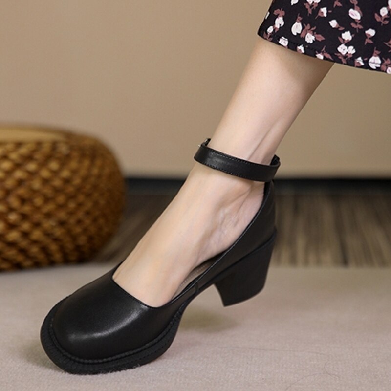 TAVIMART  -  Spring Butterfly-knot Women Mary Jane Shoes Ladies Shallow Buckle Strap Shoes Eelgant Thick Heel Dress Leather Shoes