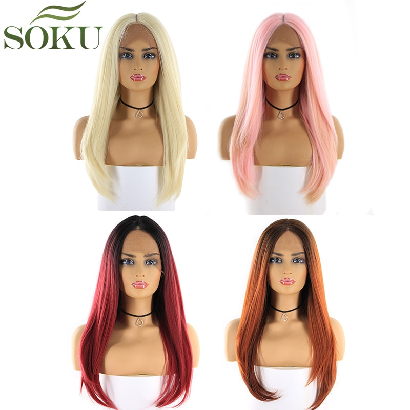 Pelucas frontales de encaje sintético de Color rosa SOKU para mujeres negras, peluca de parte media, pelucas de fibra de alta temperatura sin pegamento de 130% de densidad