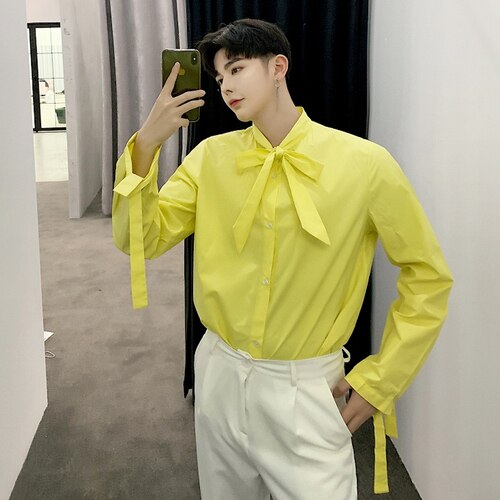 Mannen Mode Strik Tie Lange Mouwen Losse Geel Shirt Party Dress Shirt: Yellow / Xl