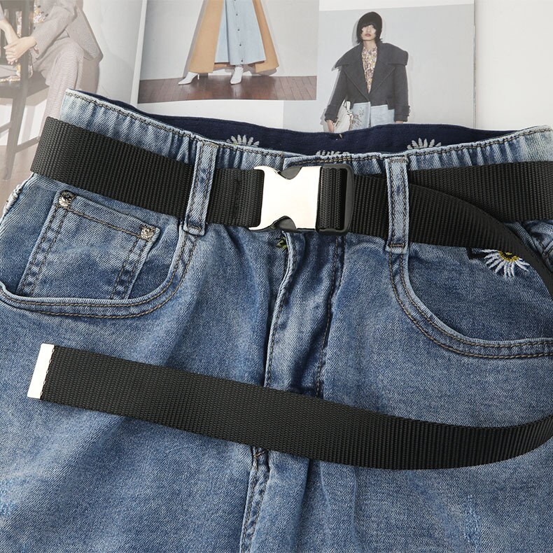 Cinturón largo con hebilla de lona de plástico para mujer, cinturón negro, rojo y blanco, correa para cintura femenina, pantalones vaqueros para niña