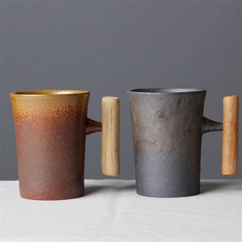 Japansk stil vintage keramisk kaffemugg tumlare rostglasyr te mjölk ölmugg med trähandtag vattenkopp hemmakontor drinkware
