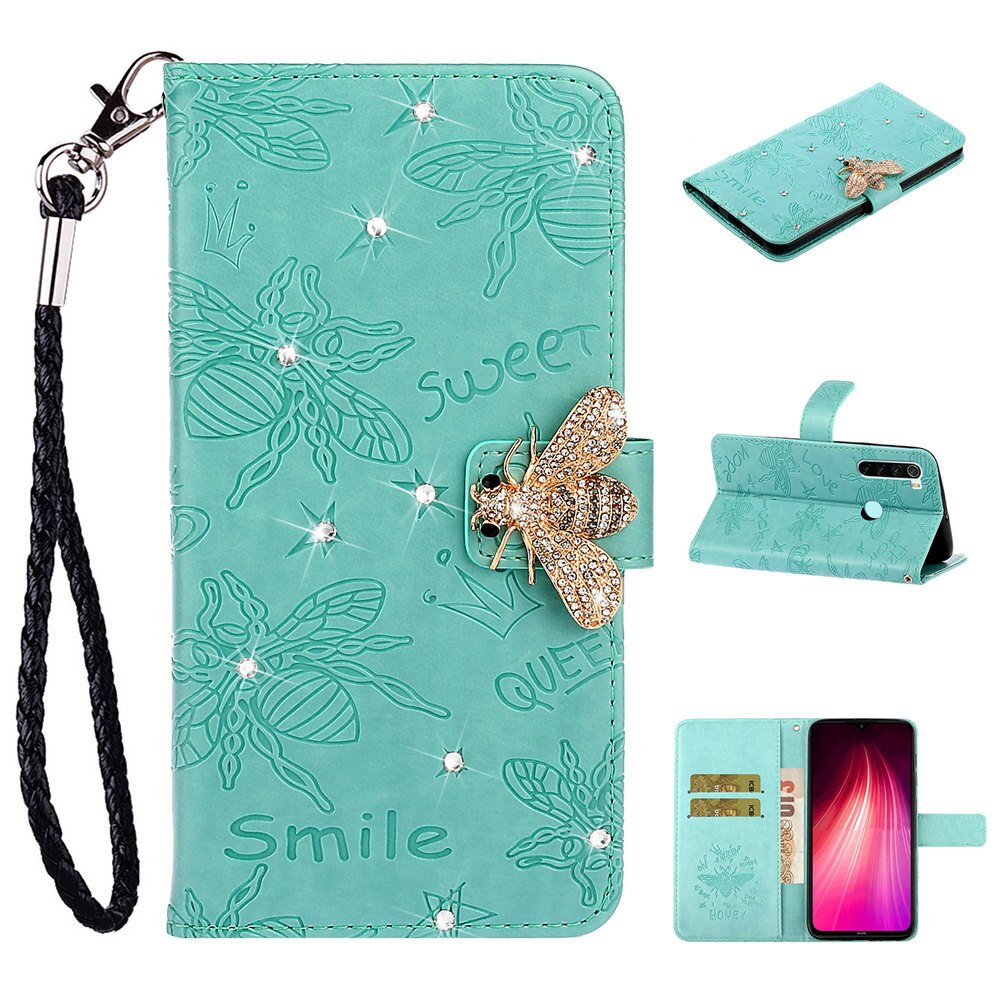 Bee Rhinestone Diamond Book Case Cover for Xiaomi Redmi 7 7A Note 7 8 Pro Luxury Flip Glitter Shell With Hand Rope