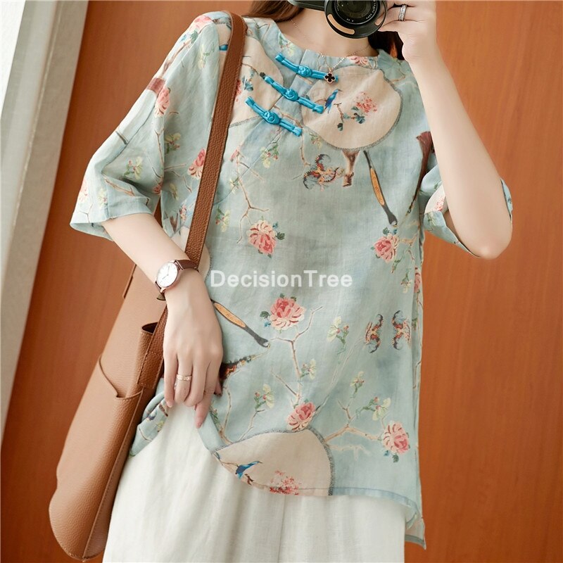 Tops hanfu top, camisa china de estilo chino, ropa tradicional china para mujer, cuello en v, tops tradicionales chinos holgados 2022: color2 / XL