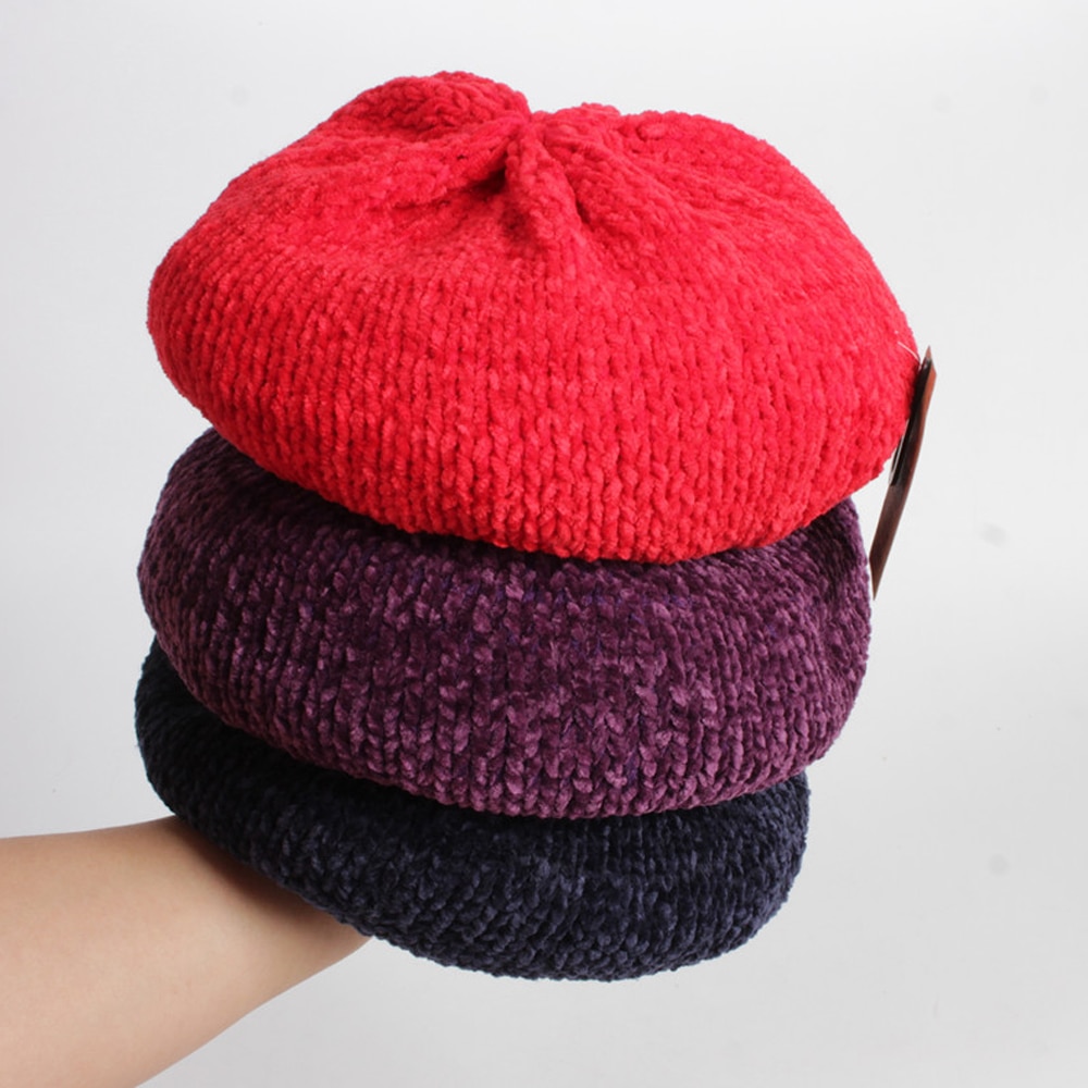 Women Chenille Berets Autumn Winter Warm Female Cap Sweet Painter Hats Eleghant Ladies Berets Hats Solid Color Cap