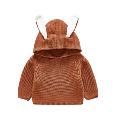 Toddler Kids Hooded Sweater with Rabbit Ear Baby Boy Girls Solid Knit Crochet Tops Winter Long Sleeve Pullover Clothes 3M-3T A20: Brown / 3T