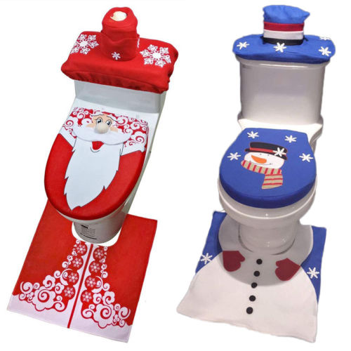 3 piezas de navidad feliz papá Noel asiento de inodoro y alfombra baño decoración conjunto azul y rojo