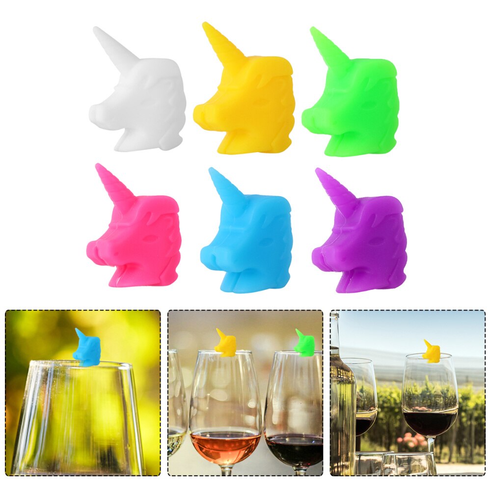 12 stk 6 farve silikone enhjørning vinglas markør sød drikke kop identifikator fest cup tegn (assorteret farve)