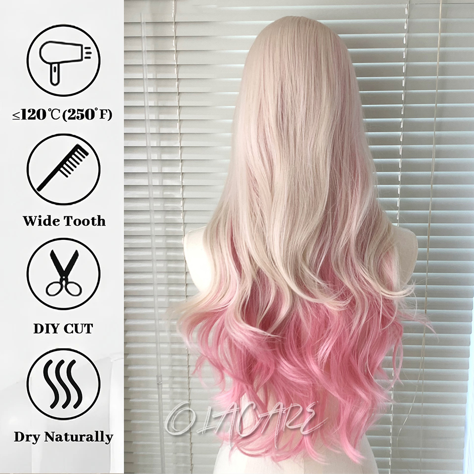 Olacare lockig lång vågig rosa blond syntetperuk med spets framtill och fluffig lugg lämplig för dagligt bruk