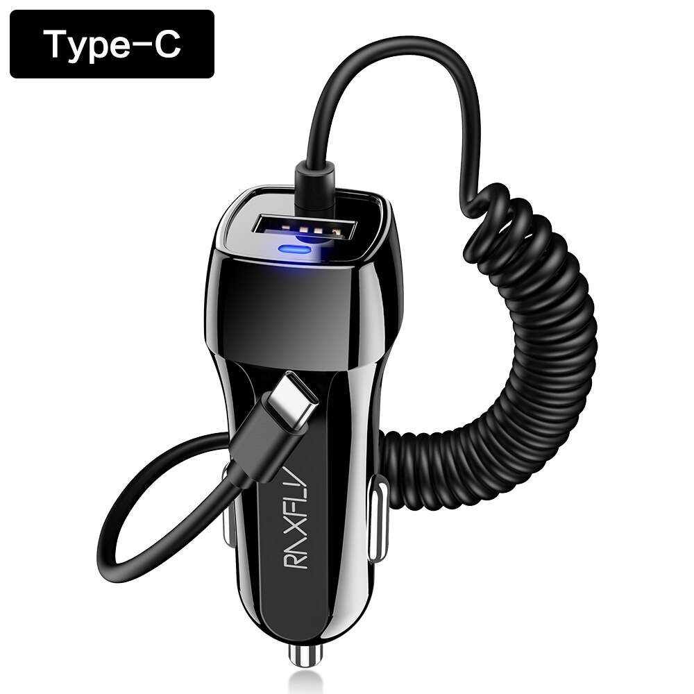 RAXFLY – chargeur de voiture 10W, adaptateur pour téléphone portable, adaptateur pour iPhone 12, Micro USB Type C avec câble USB à haute élasticité: Type-C