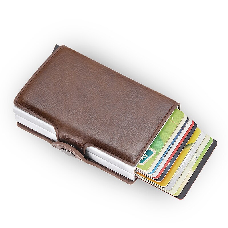 Rfid Blocking Protection Men id Credit Card Holder Wallet Leather Metal Aluminum Business Bank Card Case CreditCard Cardholder: Coffee