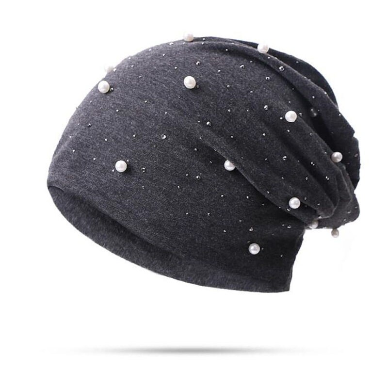 Soft Cotton Autumn Spring Beanie Hats Women Girls Pearl Rhinestones Warm Skullies Caps Turban Bonnet Hat Female Ladies: Cotton Deep grey 1