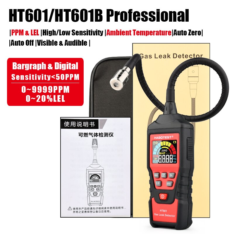 Habotest gasanalysator gaslækagedetektor ppm meter brændbar brandfarlig naturlig tester 9999 ppm 20%  lel: Ht601 professionelle