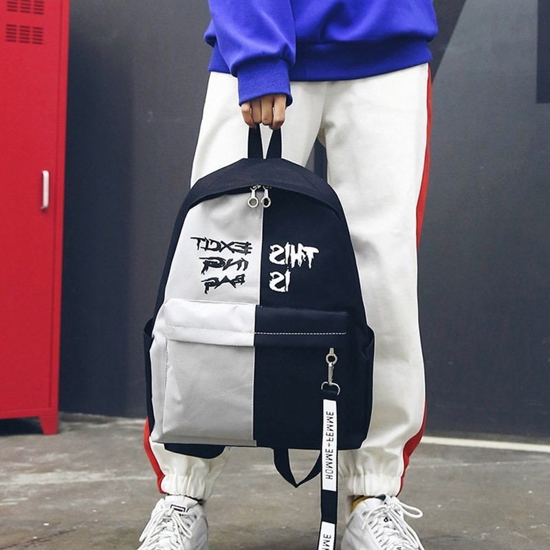 Sac à dos en noir et blanc, sac d'école coréen pour femmes, sac à dos unisexe classique en toile, cartable pour filles et garçons