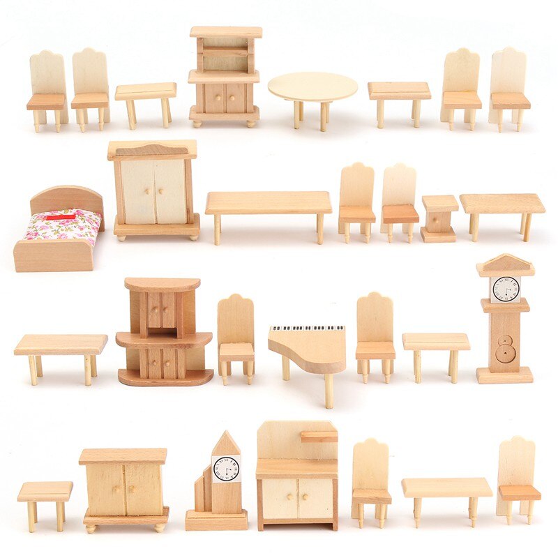 29 stykker/sæt miniaturedukkehusmøbelkit umalet træ 1/24 -skala model dukkelegetøj børnelegetøj