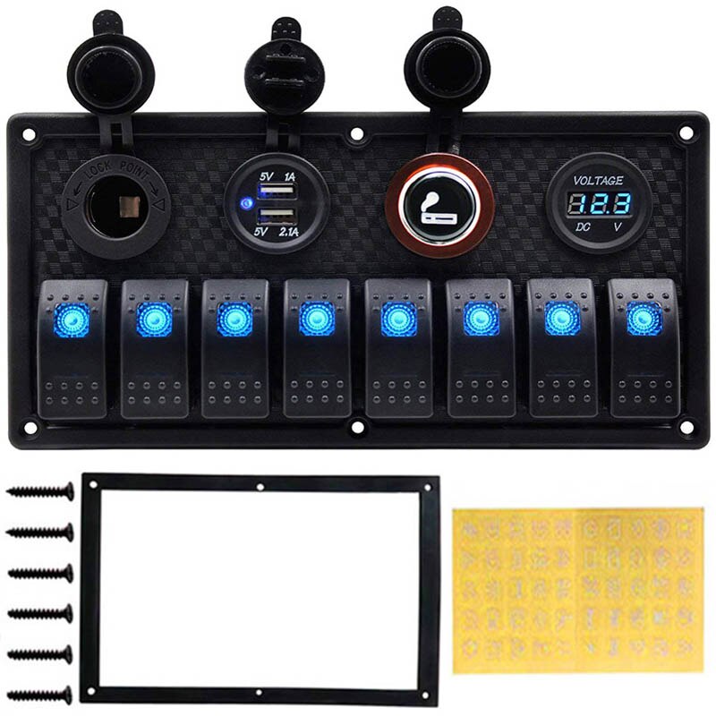 6/8 Gang interrupteur à bascule panneau pour voiture bateau RV Marine camion fusible panneaux étanche voltmètre numérique double USB chargeur Ports DC 12V: Blue 8 Gang Switch