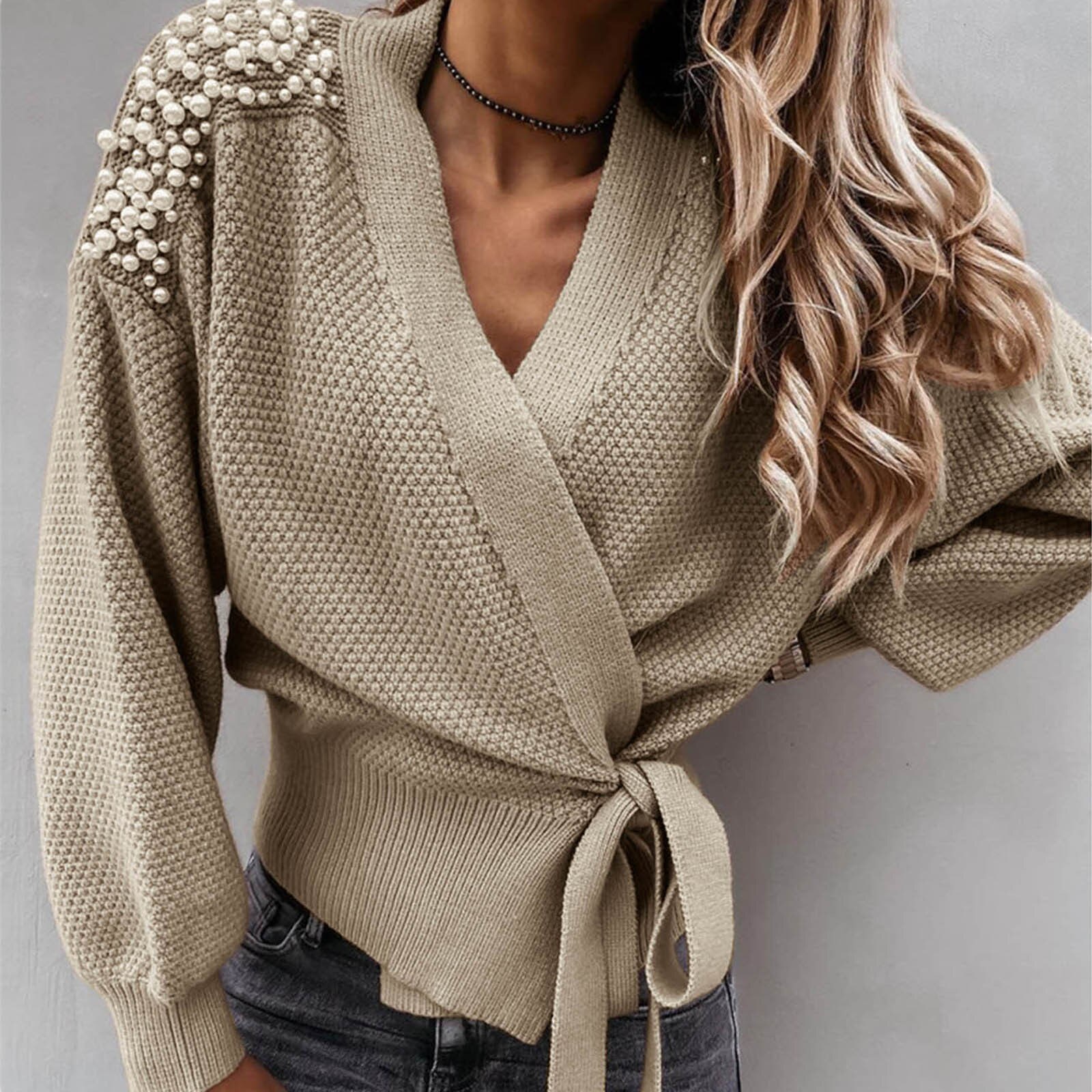 Ladies Autumn Winter Knitted Jacket Long Sleeve V-neck Bowknot Pearl Pure Color Waist Knit Cardigan Sweater Cardigans #s5