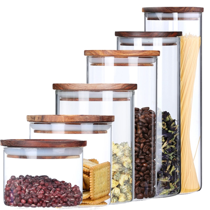 Transparent Heat-resistant Glass Bottle Sealed Jar High-grade Acacia Clear Container with Wooden Lid Kitchen Food Storage Tank