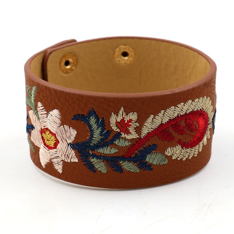 Rainbery Bohème Broderie Fleur Bracelet Manchette Féminine Large PU Cuir Bracelets & Bracelets Femmes Bijoux JB0470