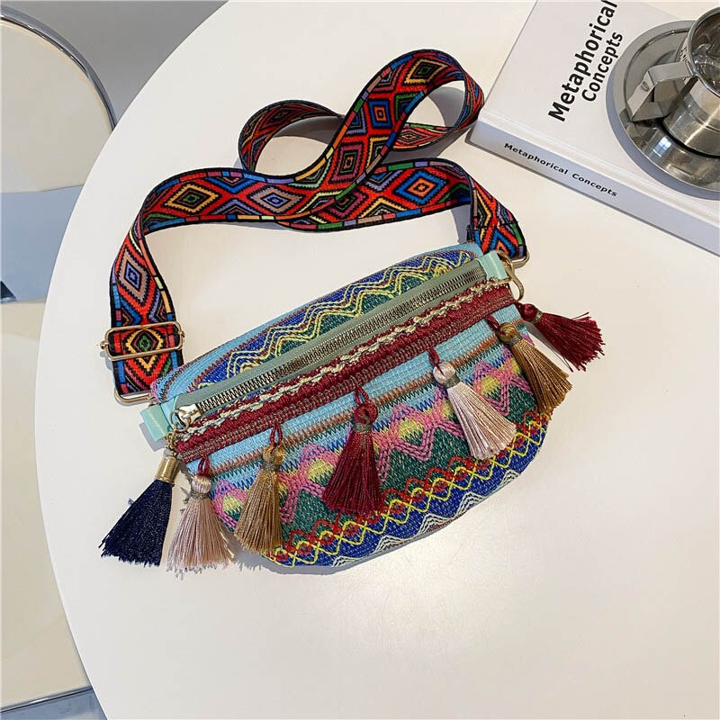 Riñonera de estilo étnico para mujer, bolso de cintura con correa ajustable de Color variado, con decoración de flecos, bandolera informal para el pecho, novedad: Black