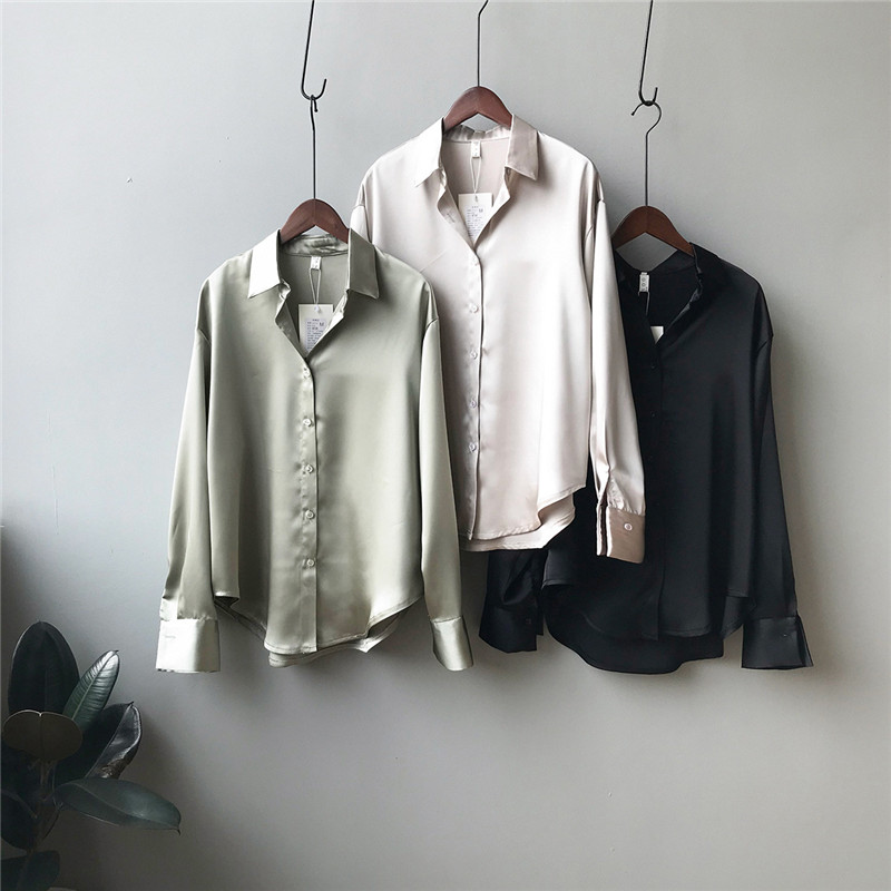 Crriflz forår kvinder lange ærmer satin bluse vintage femme v-hals street skjorter imiteret silke bluse