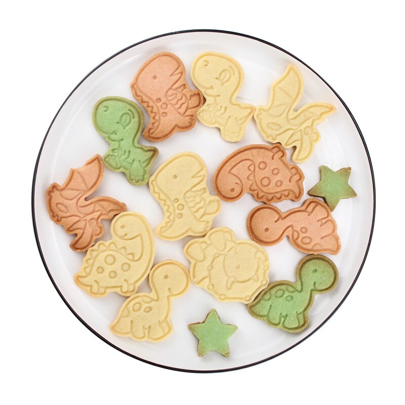 6 stk / sett dinosaurform cookie kuttere plast 3d tegneserie trykkbar kjeksform cookie stempel kjøkken bakverk bakeware