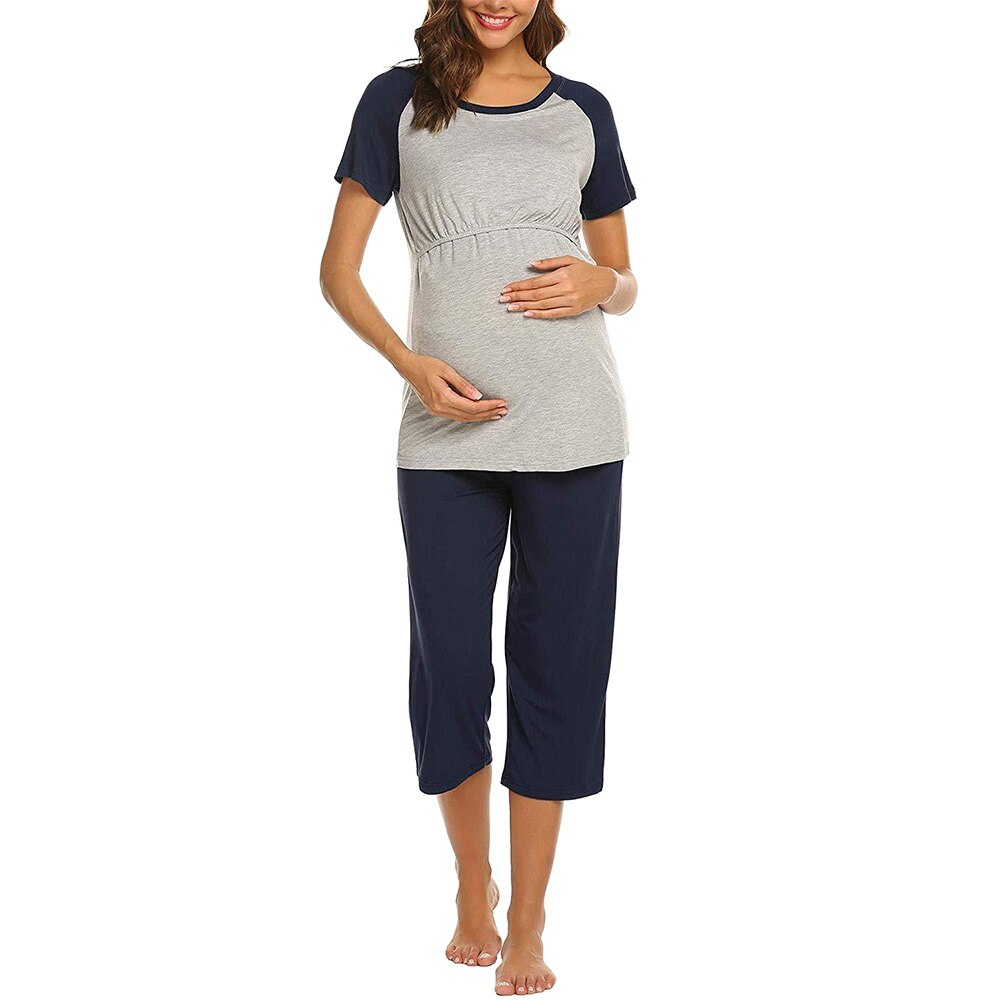 Femmes allaitement hôpital soins infirmiers pyjama ensemble élastique manches courtes pour maternité automne taille réglable hauts 3/4 pantalon maison