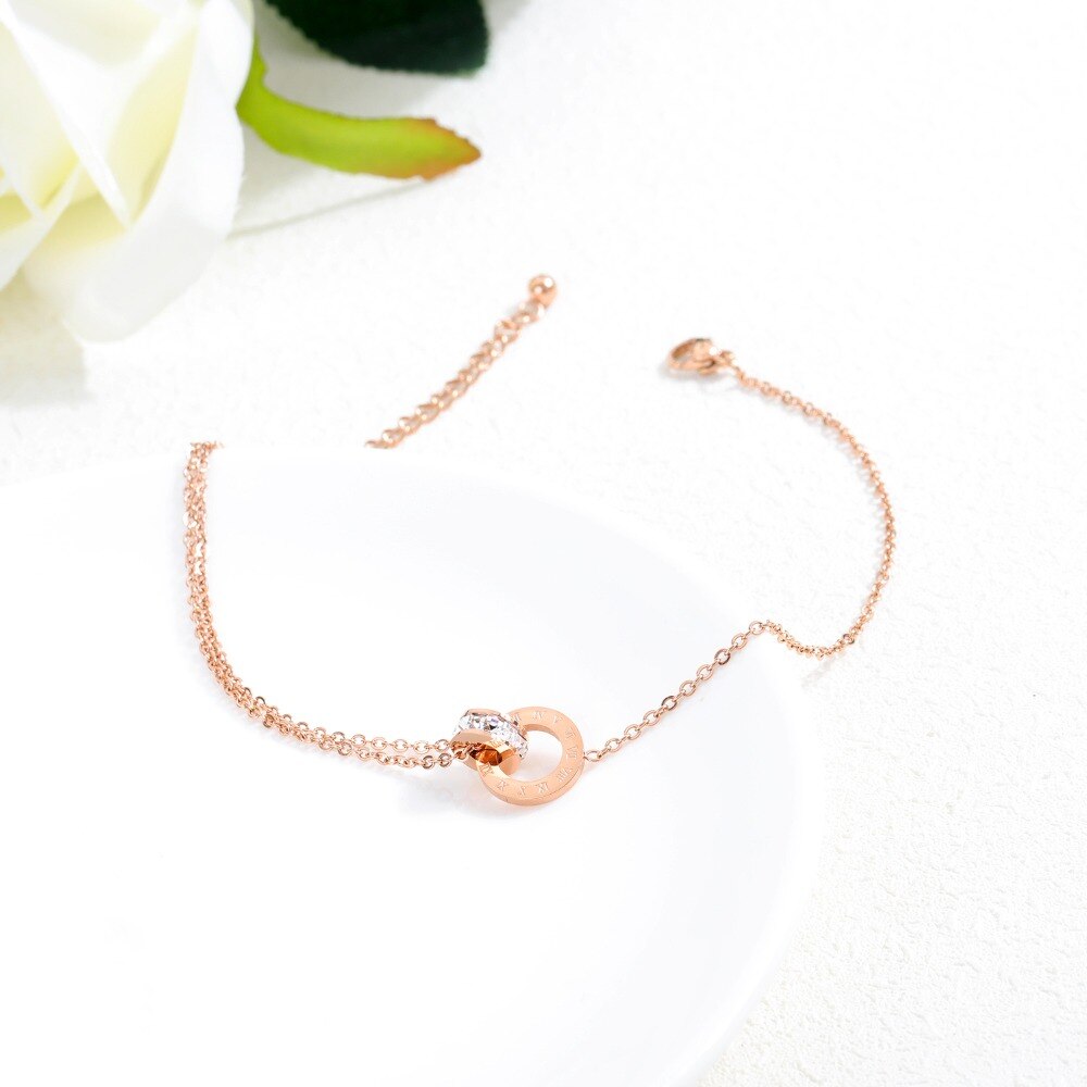 Mode Rose Goud Rvs Enkelbanden Dubbele Ronde Mozaïek Zirconia O-vormige Ketting vrouwen Voet Sieraden Meisje JL006