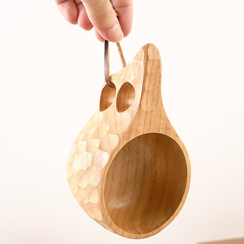 Taza de café portátil con mango de madera, gancho de cuerda de cuero de dos agujeros para zumo, taza de té de la leche, tazas de agua de cocina de protección medioambiental