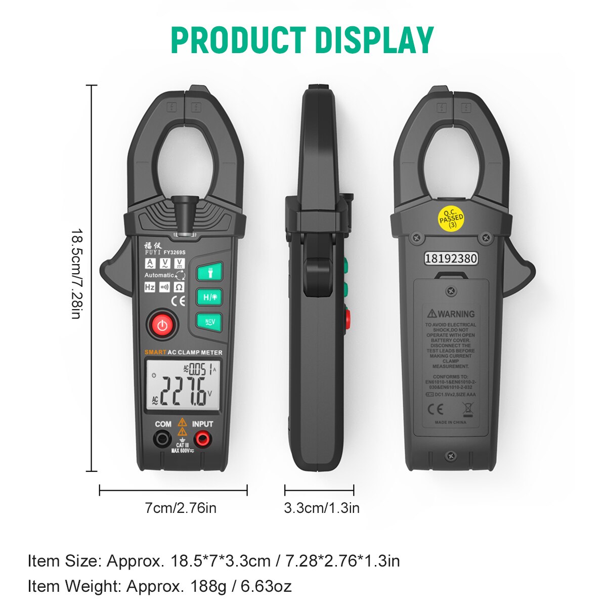 FUYI Multifunctional AC Clamp Meter 6000 Count Dual Parameter Display Clamp Multimeter True RMS AC Current Clamp Ammeter
