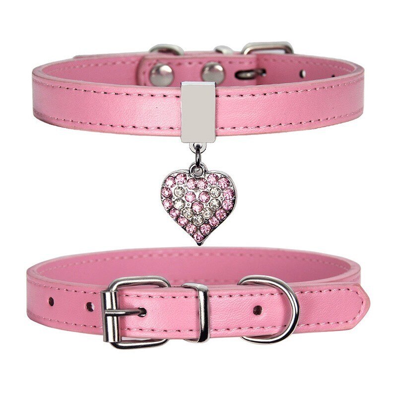 Bling Dog Collar Rhinestone Leather Puppy Collar Cute Cat Collar 0.5" Width Heart Pendant Pet Collars For Small Dogs/Cats