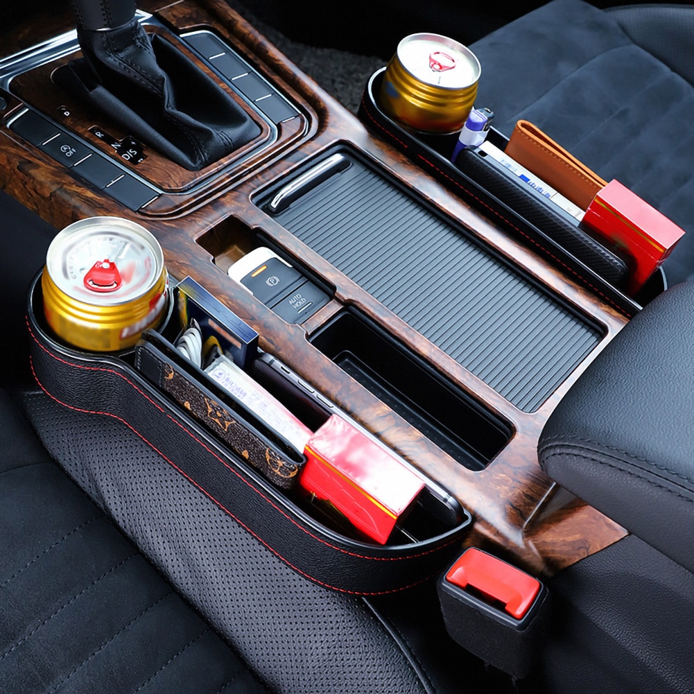 Organizador para espacio de asiento de coche con hendidura, receptor de bolsillo, caja de almacenamiento de cuero PU, soporte para botellas de teléfono, accesorios para interior de coche