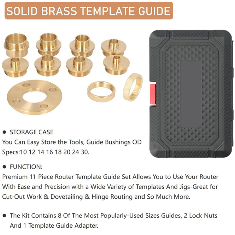 11PCS Brass Router Template Guides Bushing Kit With Lock Nut Adapter Router Guide Accessory Template Guide Bushing Kit