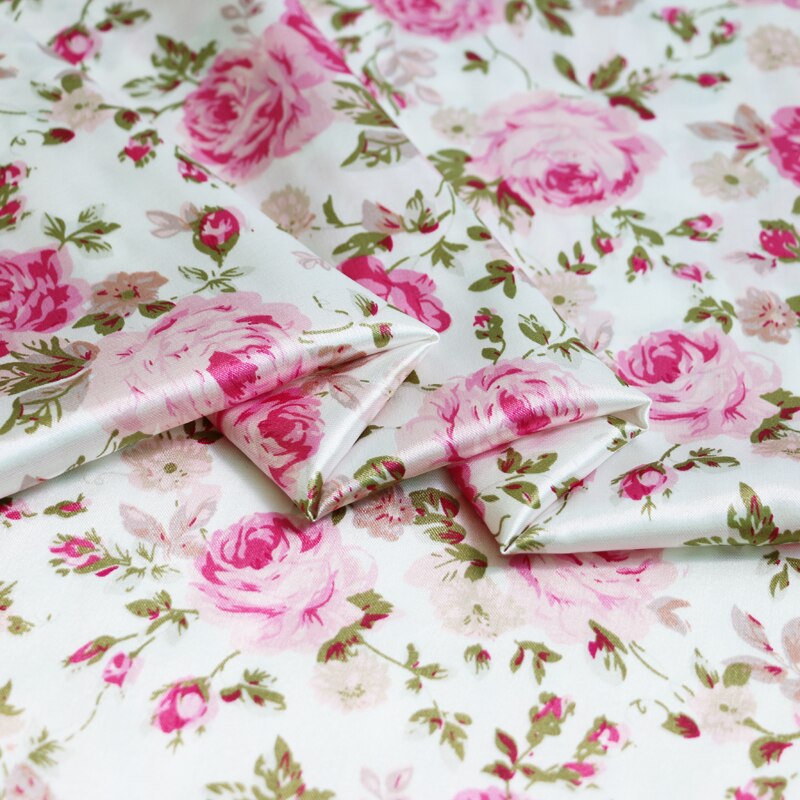 100cm * 120cm Rose Bloemenprint Satijnen Doek Materiaal Roze Bloemenprint Nachtkleding Jurken Stoffen Patchwork Ticidos