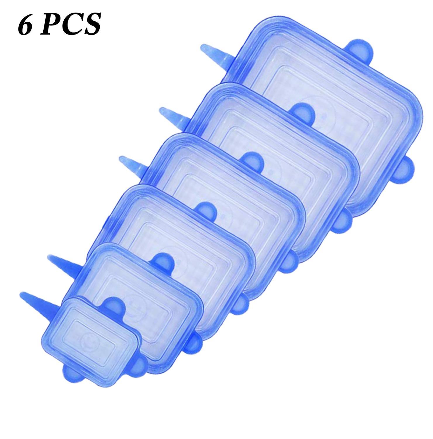 Tapas elásticas de silicona de 6 uds, tapas herméticas reutilizables para envolver alimentos, cubiertas para mantener el bol sellado fresco, cubiertas elásticas para envolver, utensilios de cocina: Blue Rectangle