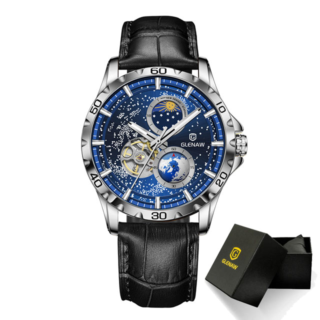 GLENAW Rotierende Erde Doppel Sekundenzeiger Armbanduhr Männer Automatische Mechanische Uhr Sternenhimmel Edelstahl Leder Armband