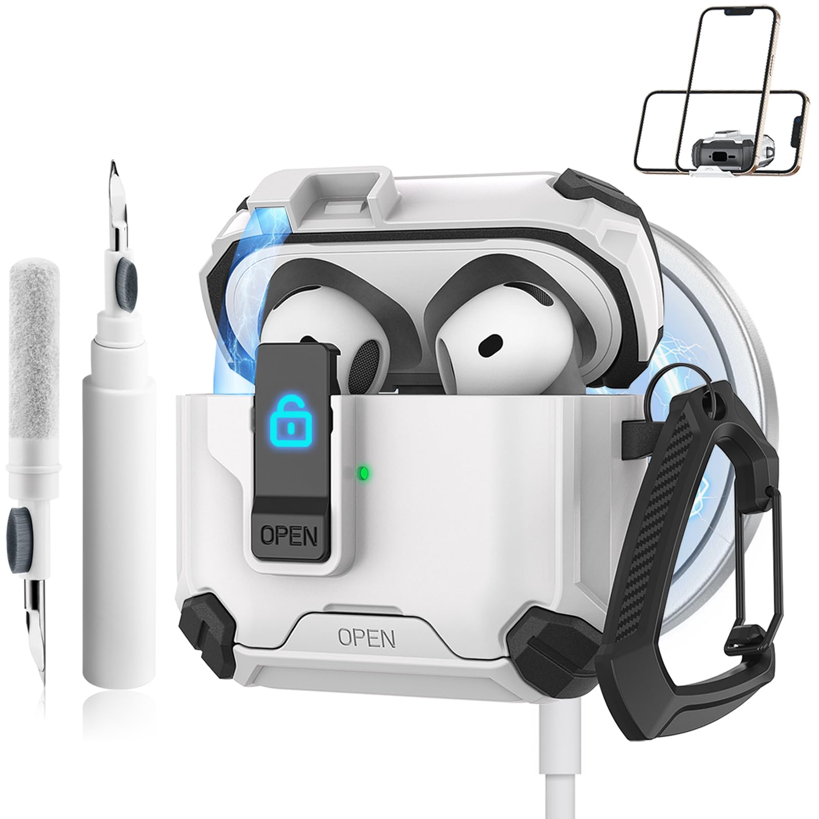 Etui til airpods 4 med magsafe magnetisk automatisk lås med telefonstativ beskyttelsesdeksel med rengjøringssett etui til airpods 4: Flerfarget