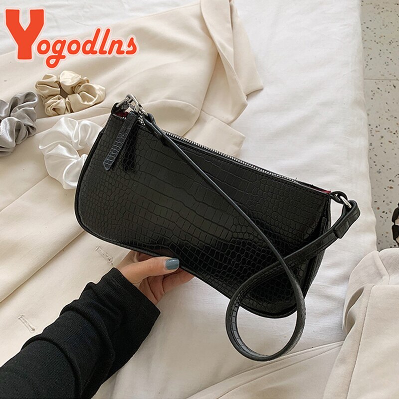 Yogodlns vintage baguette väska liten handväska mjukt pu läder subaxillär axelväska dam alligator mönster axelväska bolso