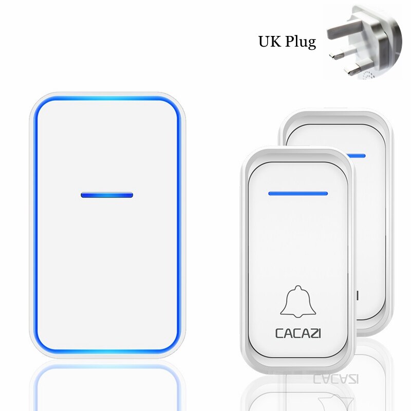 CACAZI Draadloze Deurbel Waterdicht 300M Remote 1 2 Knop 1 2 Ontvanger US EU UK Plug Smart Home Welkom bellen Deurbel: white 2x1 UK