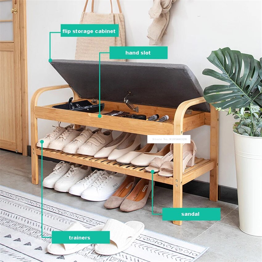 ND190508 Living Room Double Deck Wood Shoe Storage Cabinet Doorway Wood Shoe Rack Modern Fabric Shoes Trying Stool